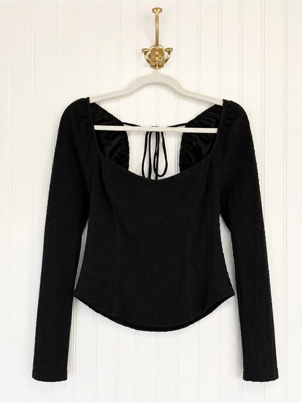 Free People Brittany Top Black Puff Sleeve Square Neck Tie Back Size L